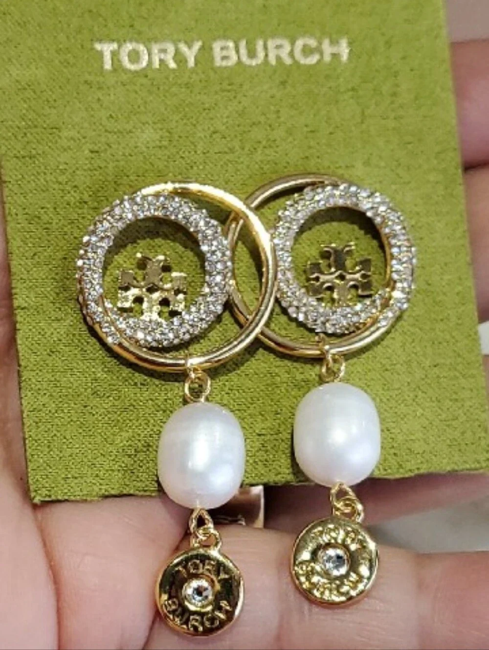 Tory Burch Gold-tone Crystal & Pearl Drop Earrings Dressy Fancy Classy Girlie